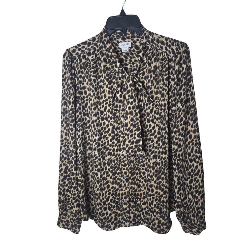 J.Crew Womens Small Leopard Print Tie Neck Button Down Blouse Long Sleeve Top